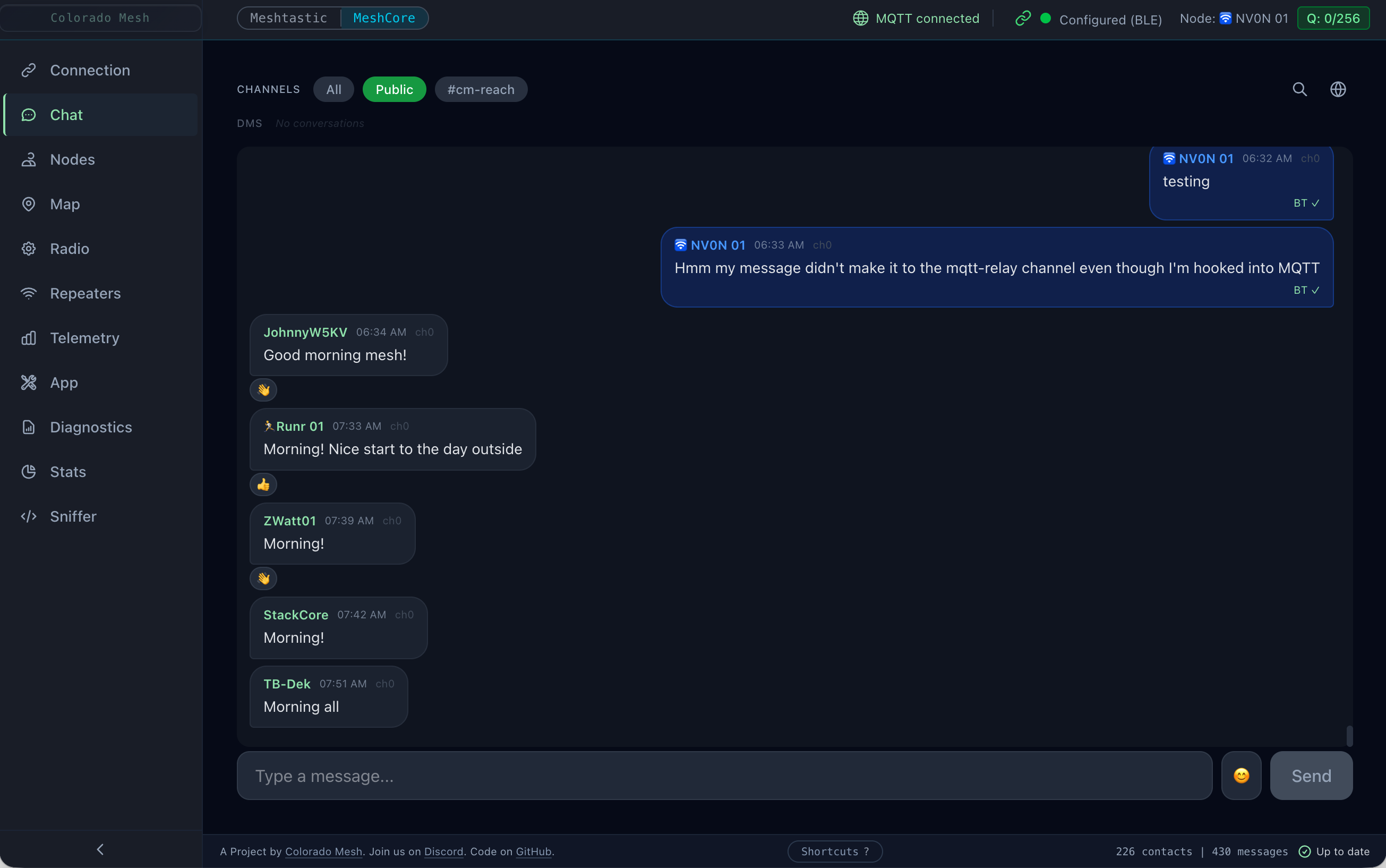 Channel chat with delivery and transport badges