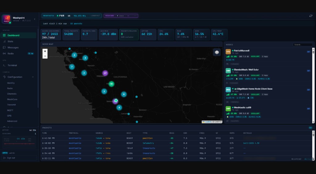 Local dashboard with live packet feed and node discovery