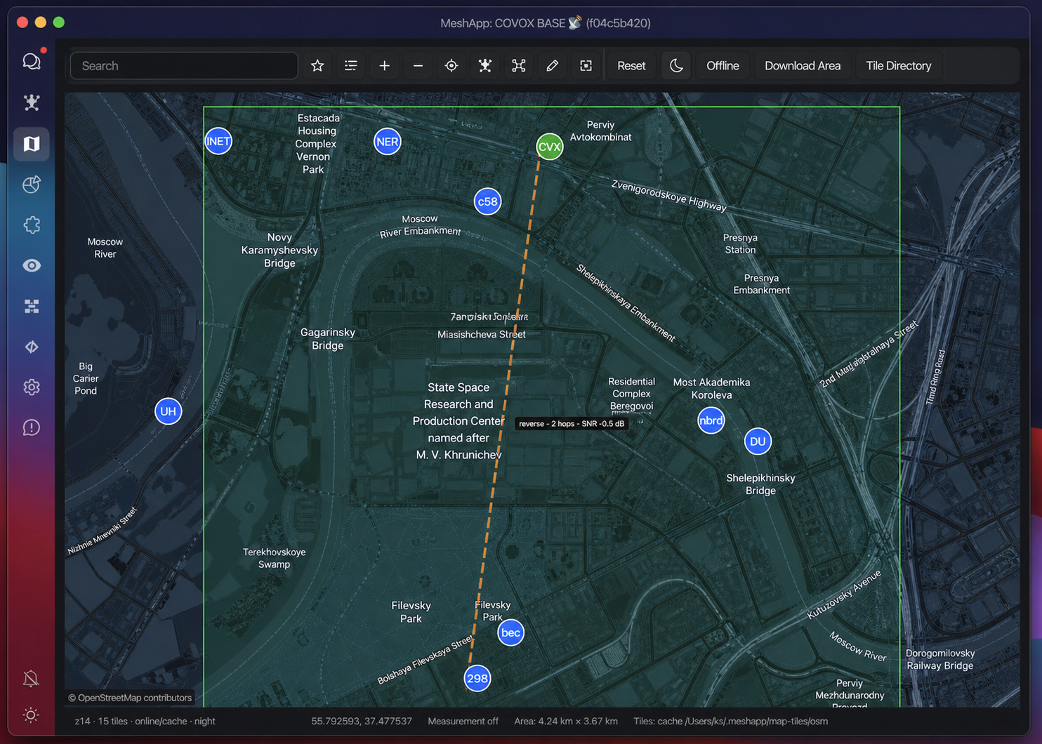 Offline-capable node map in dark theme