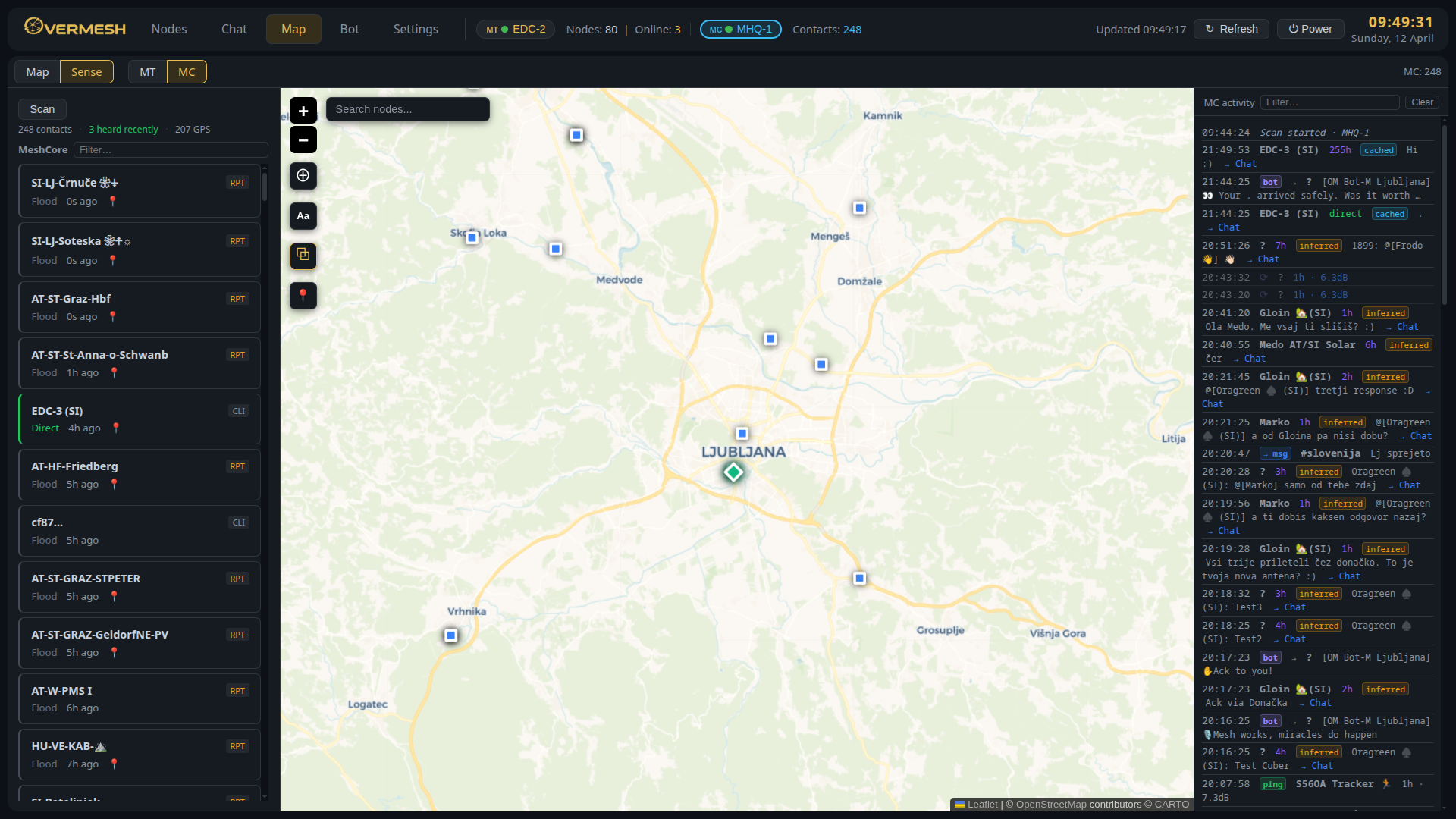 MeshCore Sense with heard-recently contact list and map markers