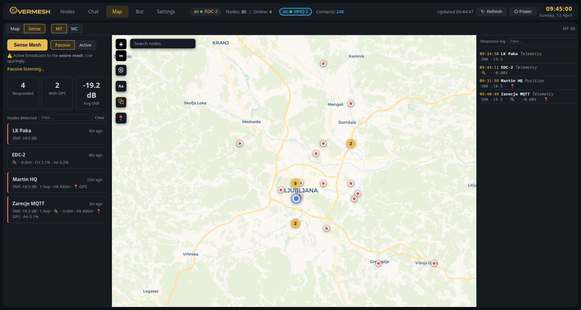 Meshtastic Sense with live node response log and map view