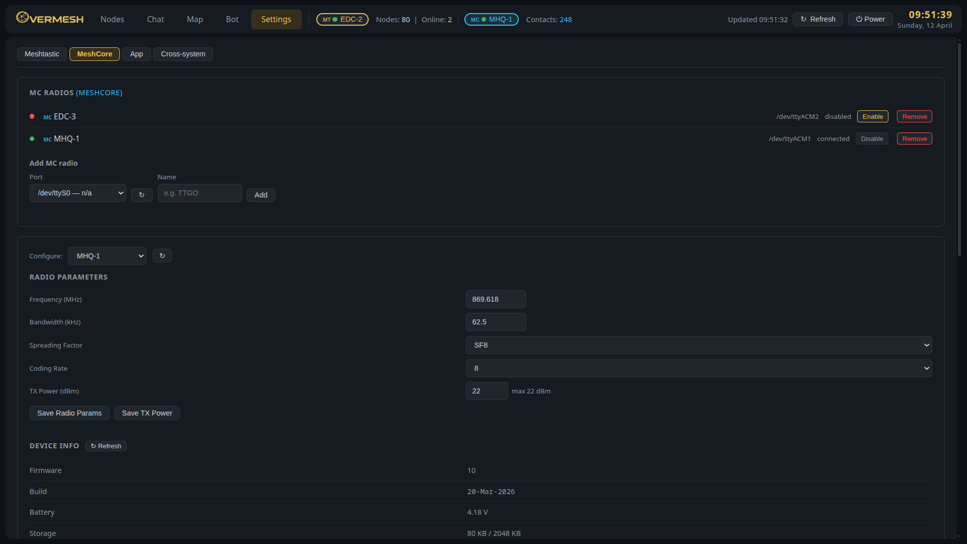 MeshCore radio settings and device controls